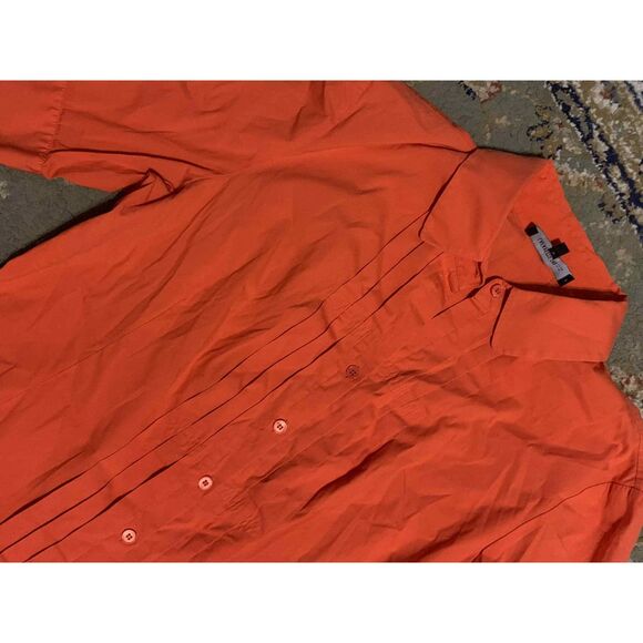 Lafayette 148 Cotton Blend Orange Pleated Short Sleeve Button Down Blouse, 14 - Picture 2 of 5
